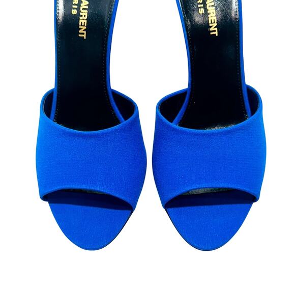 Saint Laurent 38/ US 8 Mules Sandals Royal Blue Silk Open Toe Stiletto Heel NIB - Picture 5 of 10